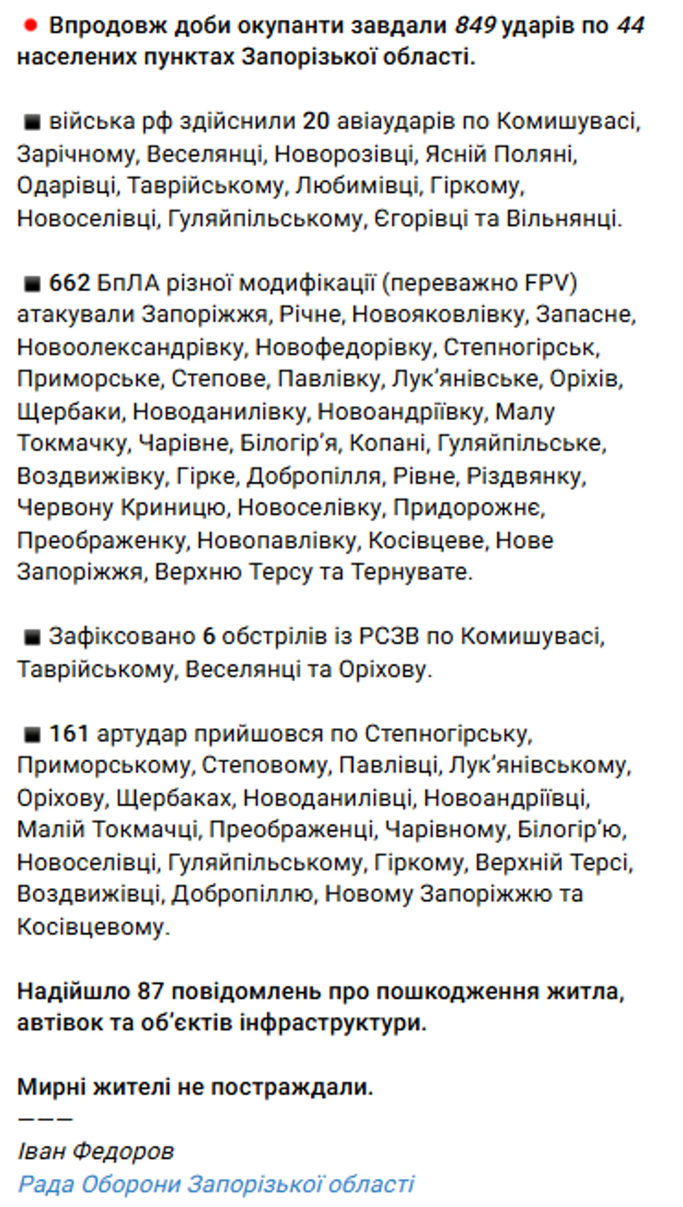 РФ понад 800 разів атакувала Запорізьку область: є руйнування