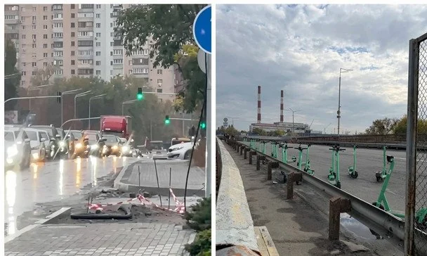 Київ зупинився в заторах: через пошкоджений міст люди пересідають на самокати (фото, відео)
