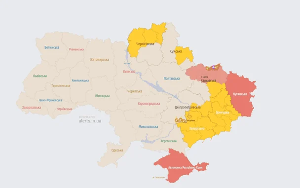 Мапа тривог станом на 07:30 вівторка, 27 жовтня.