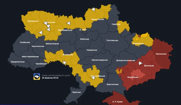Мапа тривог станом на 07:15 п’ятниці, 23 жовтня.