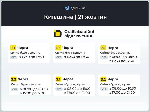 Для Київщини оприлюднили графіки відключень на 21 жовтня / © ДТЕК